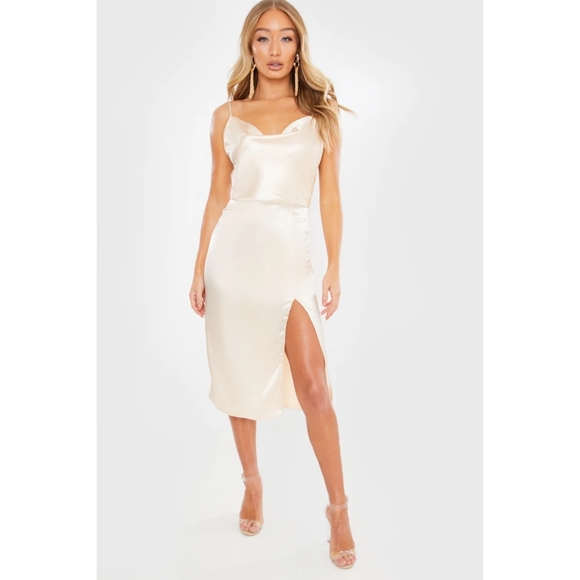 MEGGAN GRUBB CREAM SATIN COWL NECK MIDI DRESS - Picture 2 of 6